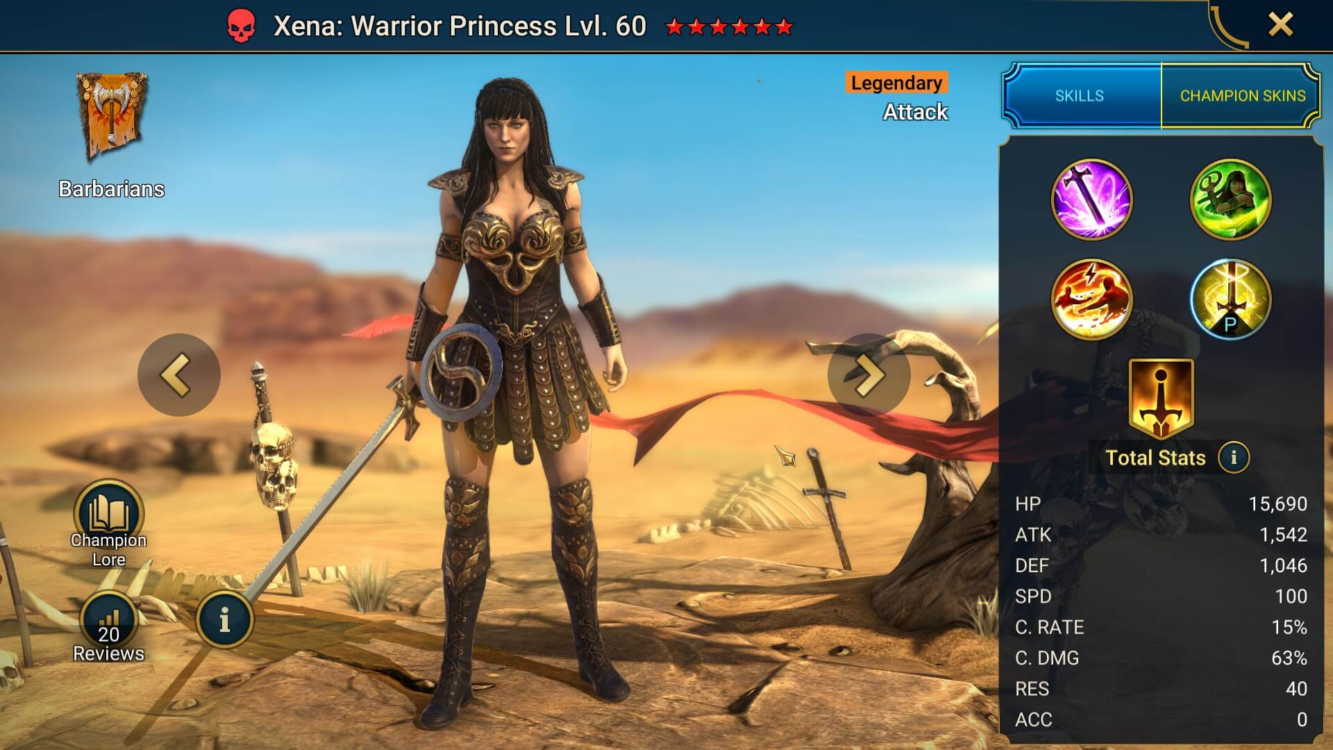 Xena: Warrior Princess Splash Artwork with base Stats