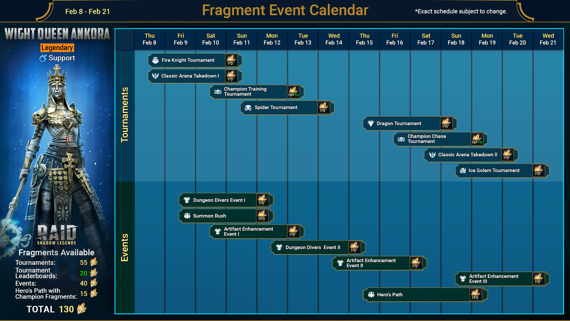 ankora fusion calendar with dates, events and tournament schedule